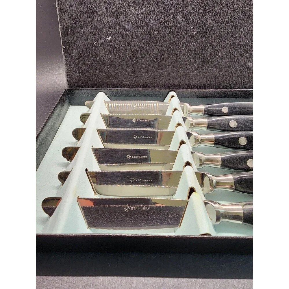 6-Pc MCM CI Stainless Japan Black Composite Handle Dinner Knife Set NOS IN BOX